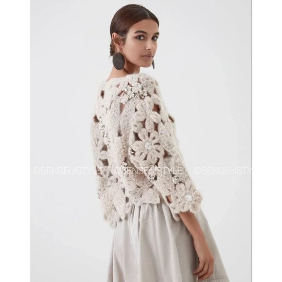 Brunello Cucinelli Flower Crocheted Sweater Top Sequins Size S - Picture 7 of 10